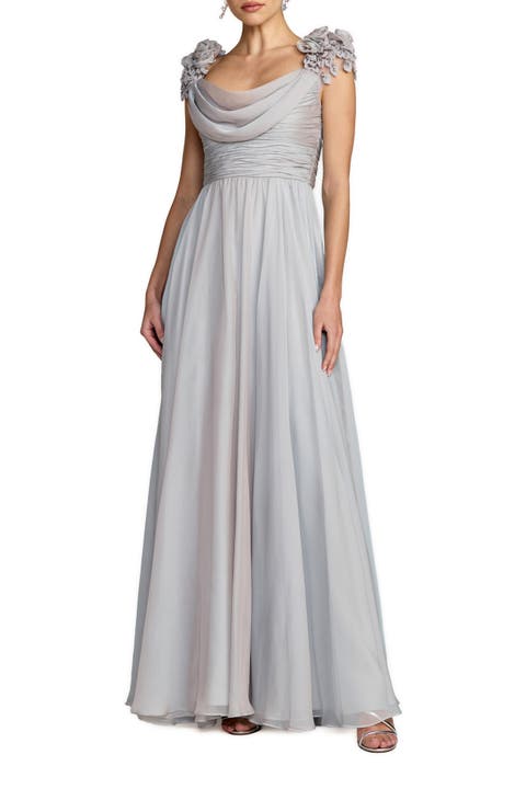 Chiffon Cowl Neck Embellished Cap Sleeve Gown