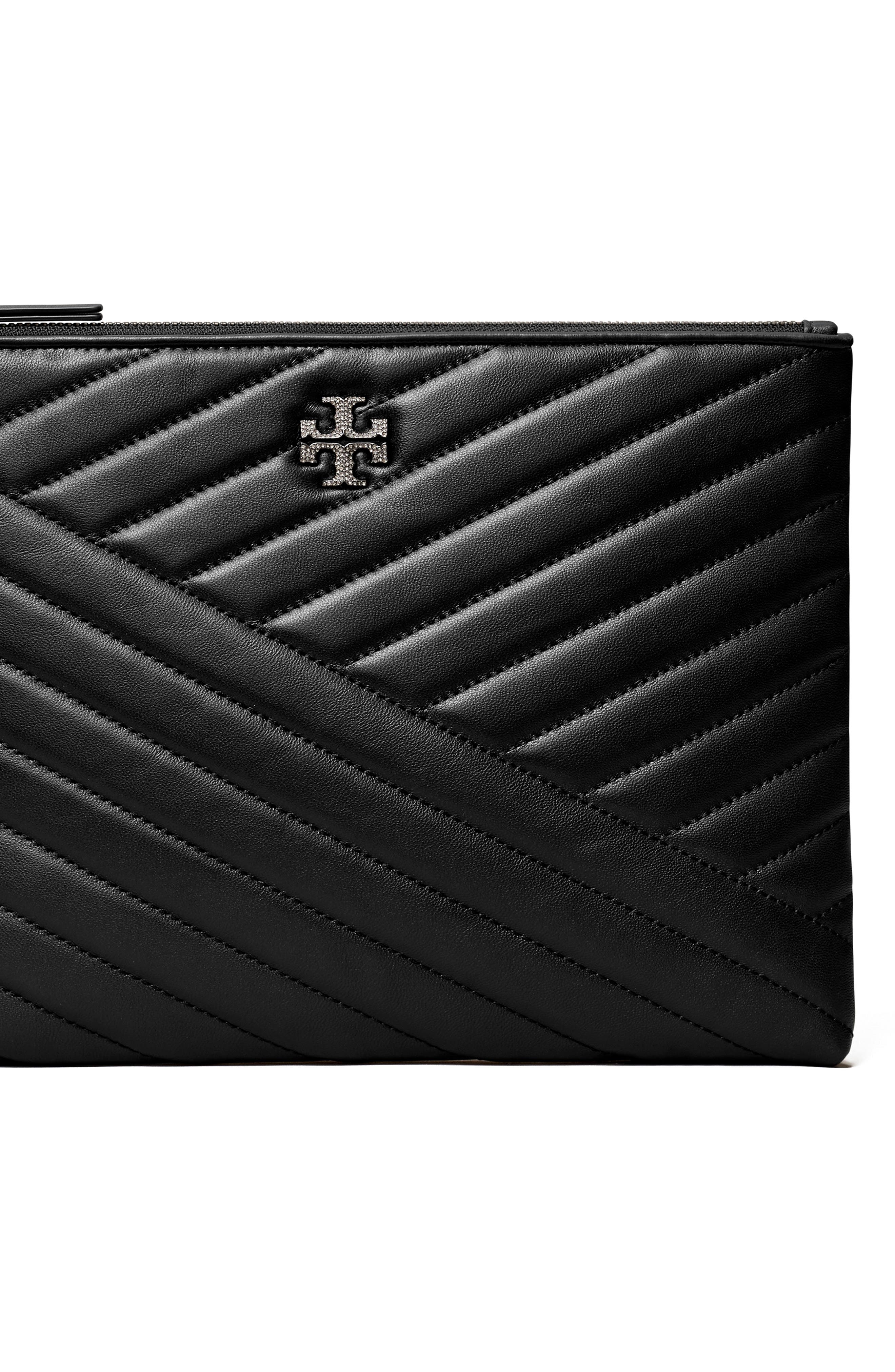 Kira Pavé Logo Chevron Leather Pouch, Alternate, color, BLACK
