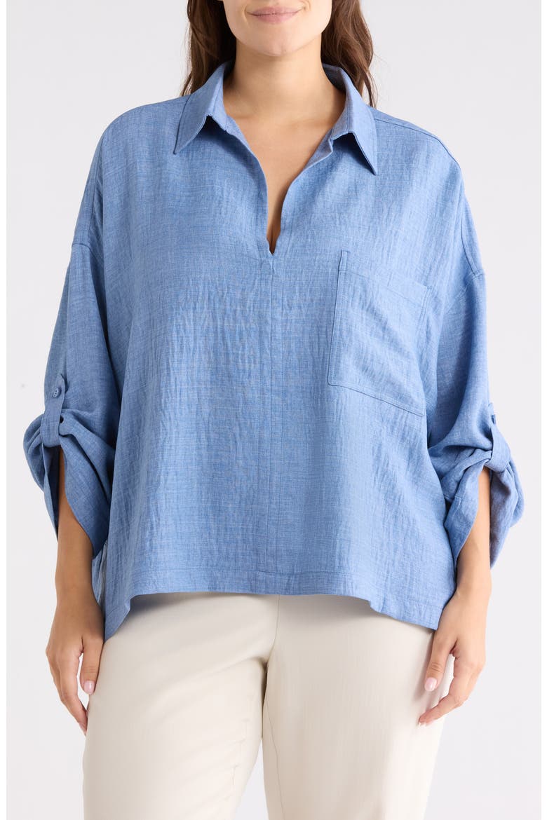 Roll Tab Sleeve Popover Top, Main, color, HEATHER CHAMBRAY