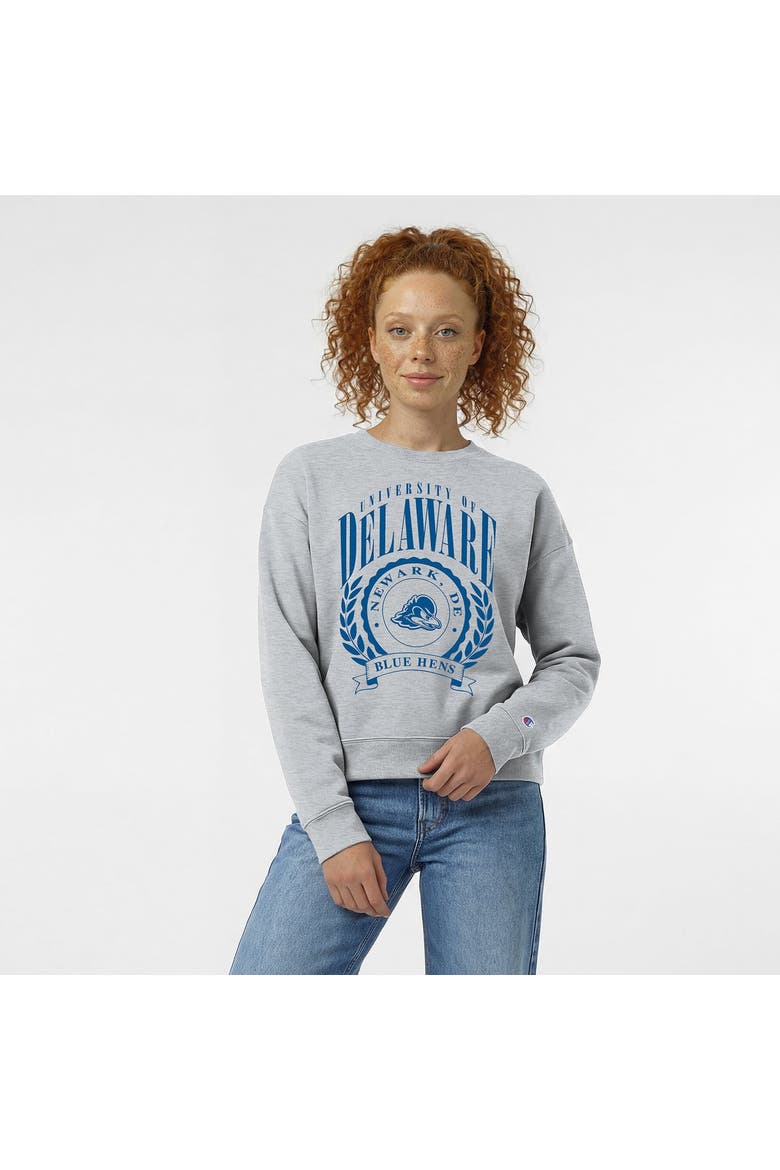 Women's Champion  Heather Gray Delaware Fightin' Blue Hens Academic Crest Powerblend Crewneck Sweatshirt, Main, color, Heather Gray