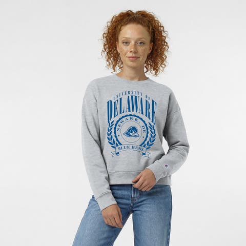 Women's Champion  Heather Gray Delaware Fightin' Blue Hens Academic Crest Powerblend Crewneck Sweatshirt