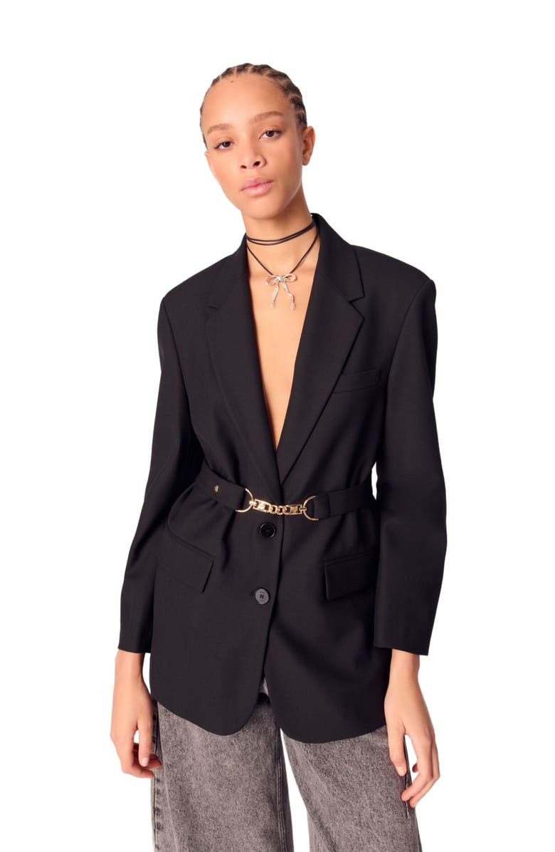 maje Belted suit jacket, Main, color, Black
