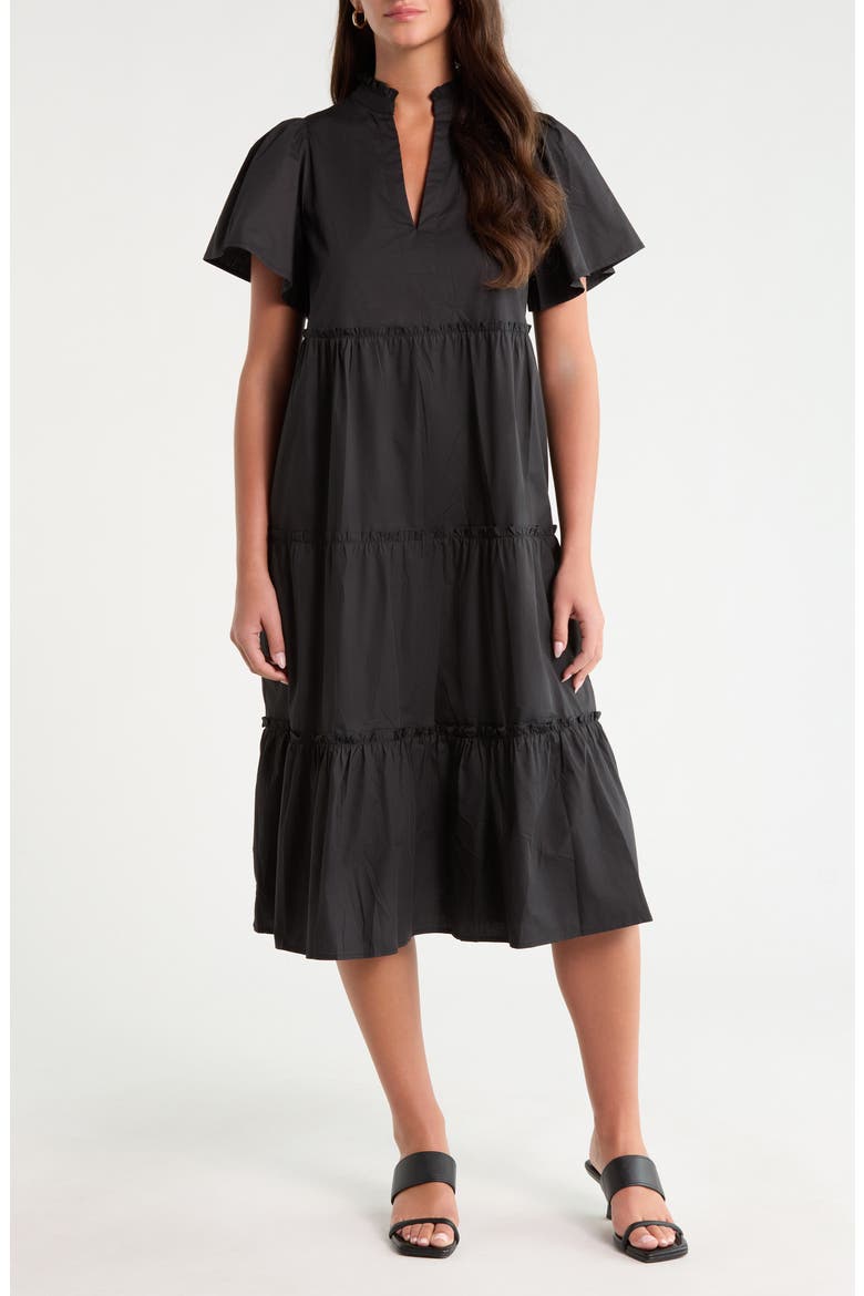 Noelle Split Neck Tiered Cotton Dress, Main, color, BLACK