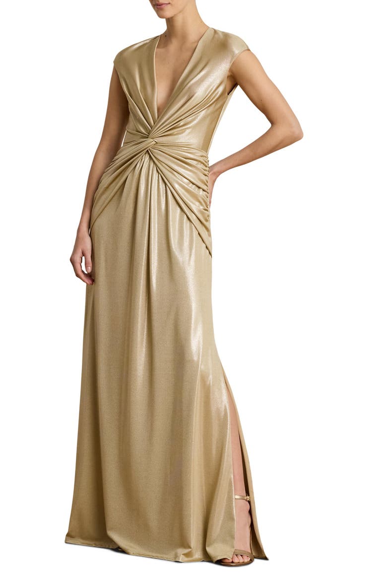 Twist Front Metallic Cap Sleeve Gown, Main, color, BIRCH BEIGE/ GOLD FOIL