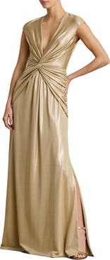 Lauren Ralph Lauren Twist Front Metallic Cap Sleeve Gown