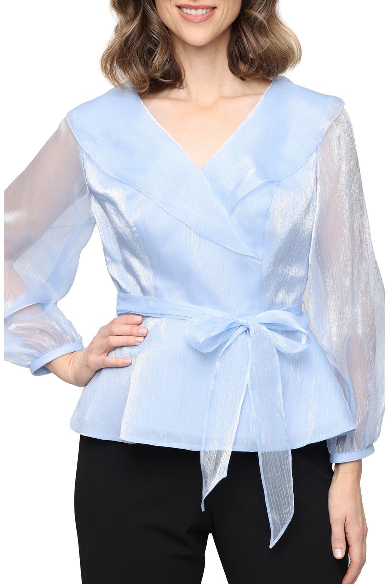 Portrait Collar Shimmer Wrap Top, Main, color, HYDRANGEA