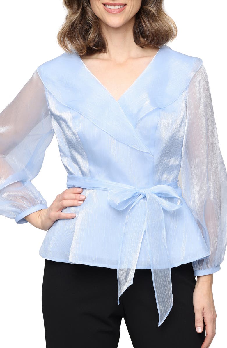 Alex Evenings Portrait Collar Shimmer Wrap Top, Main, color, Hydrangea