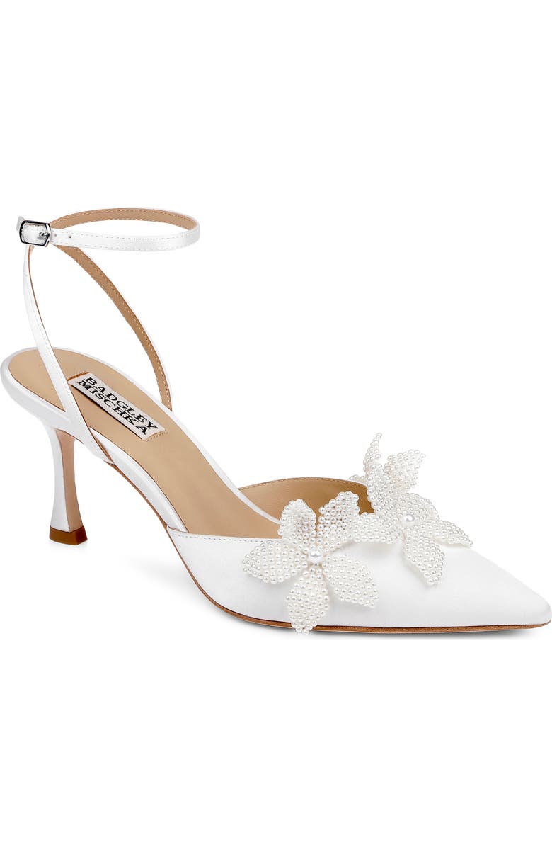 Badgley Mischka Collection Whitman Ankle Strap Pointed Toe Pump, Main, color, White Satin