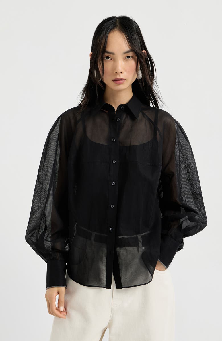 Brunello Cucinelli Striped organza shirt, Alternate, color, Black