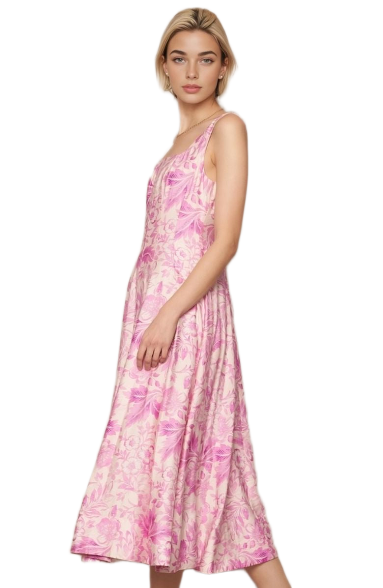 Knit and Lounge Wide Straps Fitted Bodice Full Skirt Floral Midi Dress, Alternate, color, Pink Botanical Print