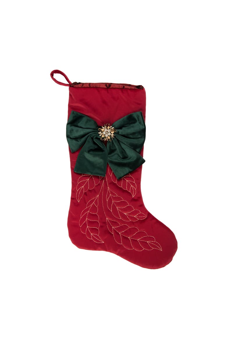 Fancy Green Bow on Floral Botanical Christmas Stocking, Main, color, Red