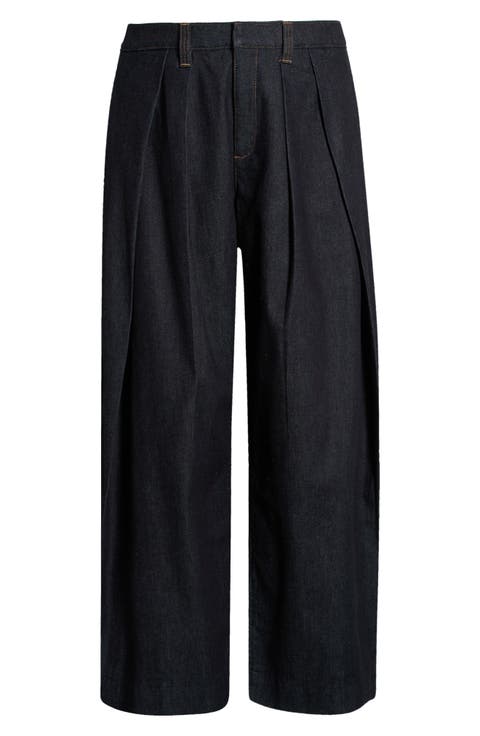 Pleated Barrel Leg Denim Trousers