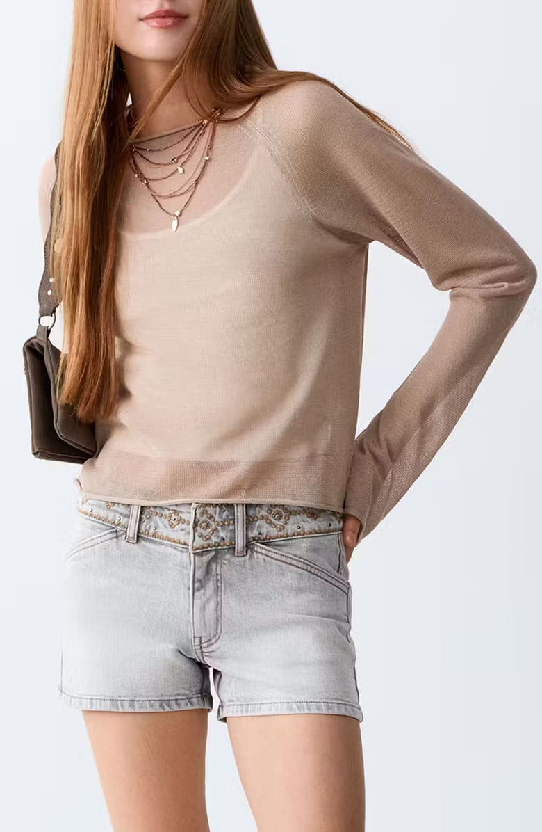 MANGO TEEN Embroidered Waist Denim Mini Shorts, Main, color, 