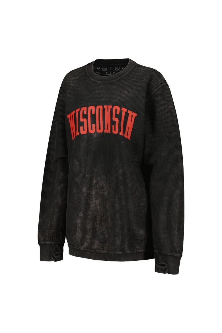 Women's Pressbox Black Wisconsin Badgers Comfy Cord Vintage Wash Basic Arch Pullover Sweatshirt, Alternate, color, Black