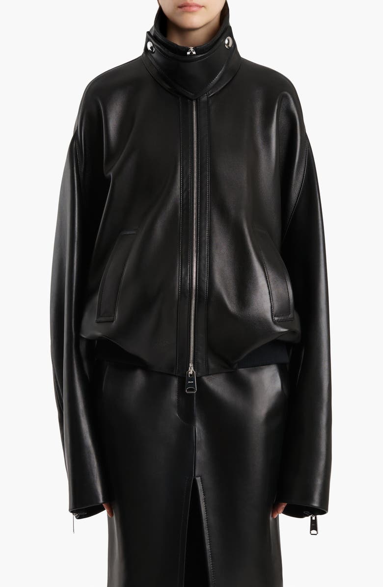 Khaite Hamett Leather Bomber Jacket, Main, color, Black