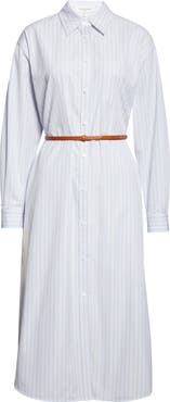 Lafayette 148 New York Aurora Stripe Long Sleeve Belted Oversize Cotton Poplin Midi Shirtdress