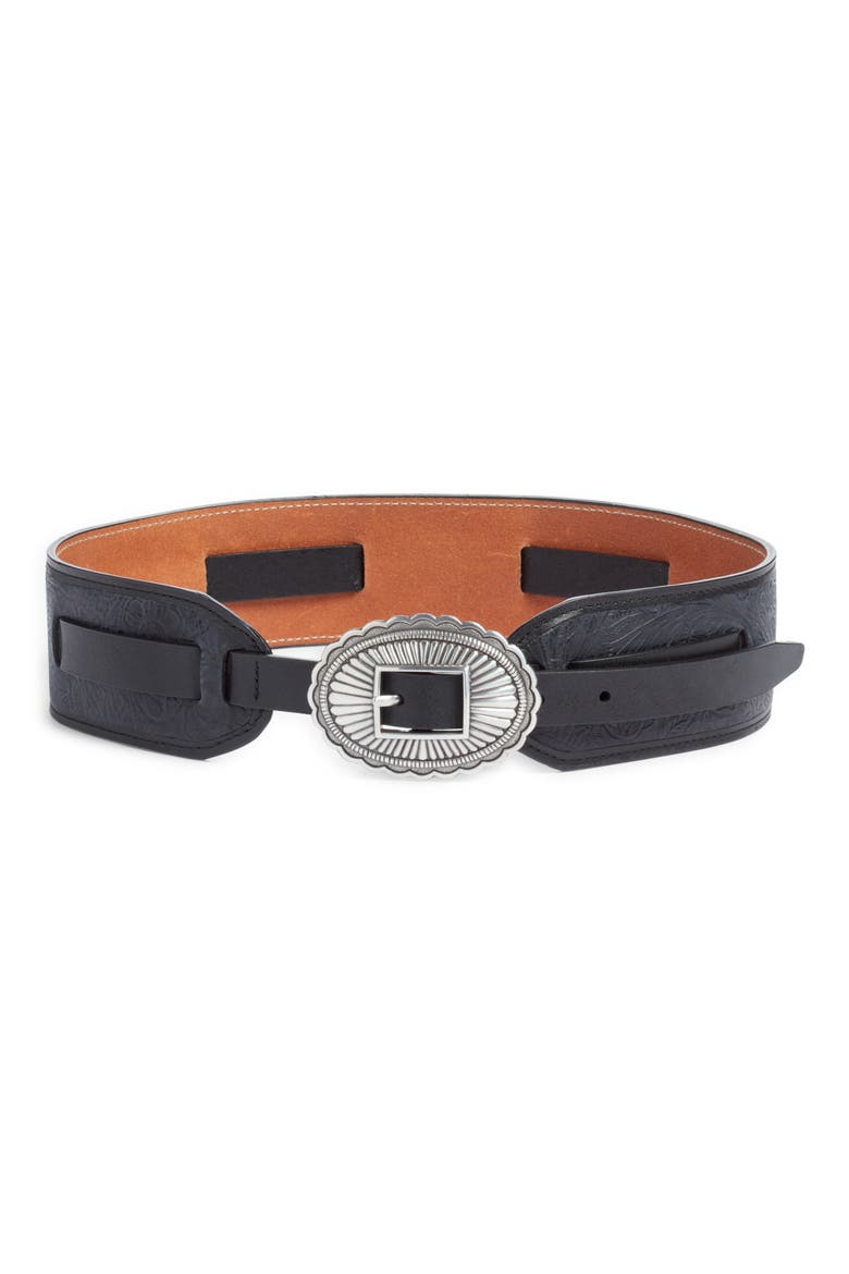 & Stetson Tooled Leather Belt, Main, color, BLACK WITH SILVER