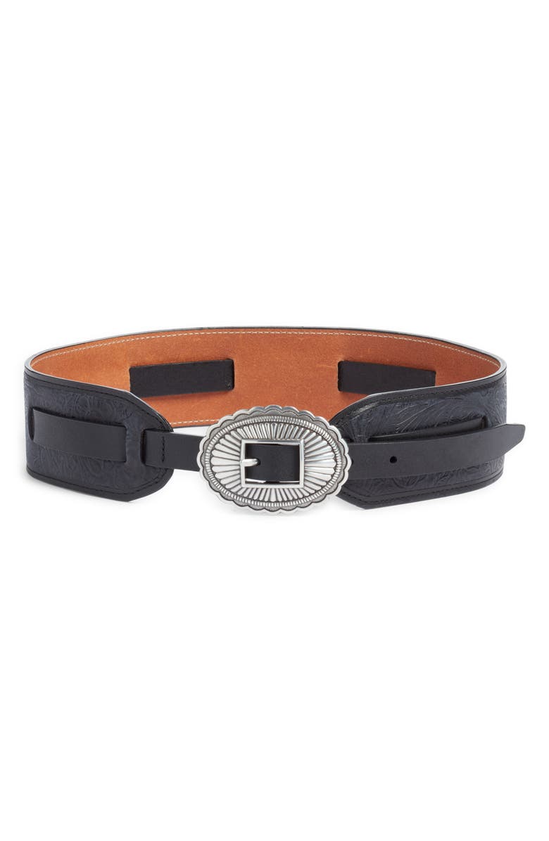 THE GREAT. & Stetson Tooled Leather Belt, Main, color, Black With Silver