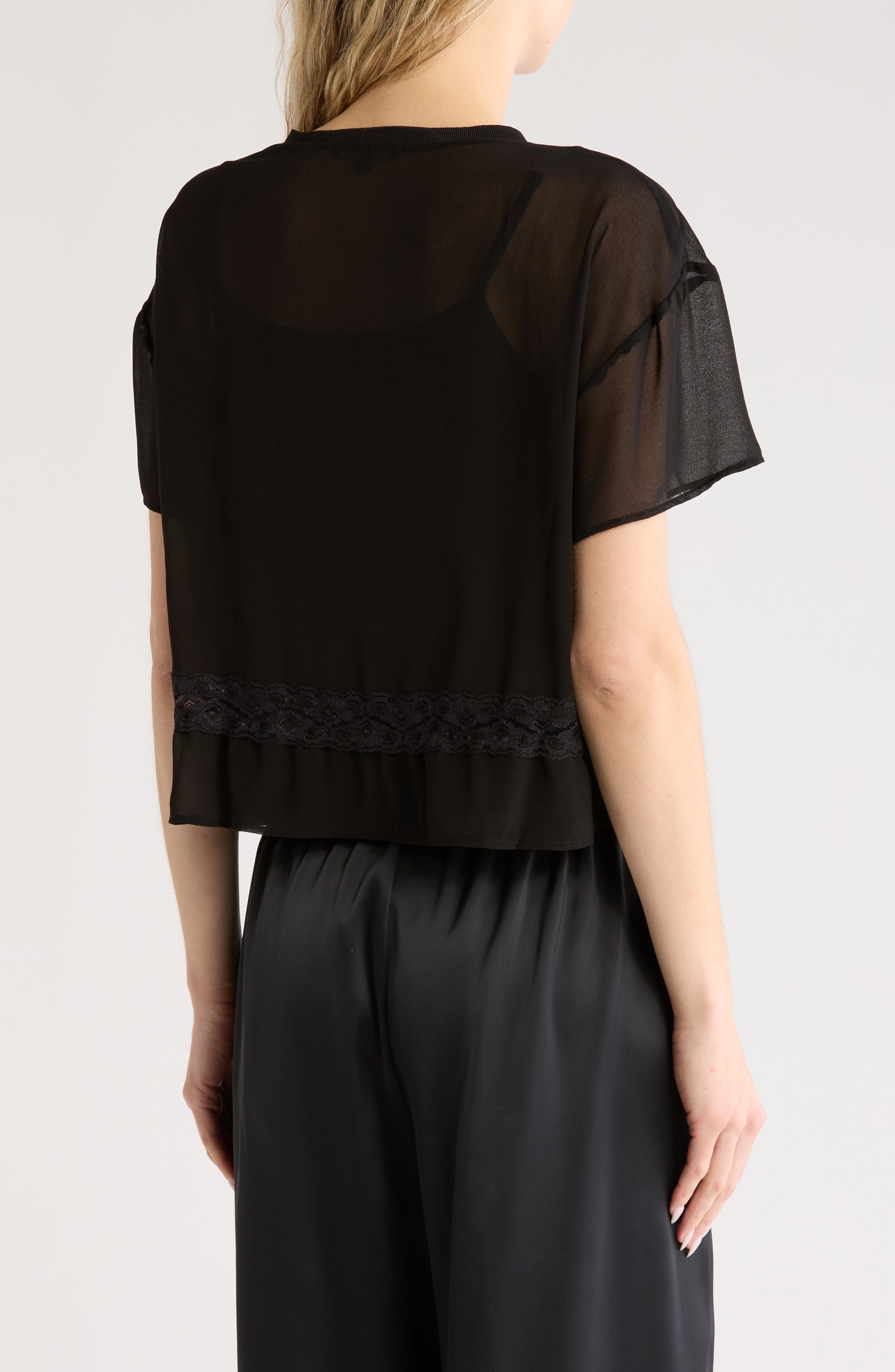 Short Sleeve Pieced Sheer Lace & Chiffon Top - image 2