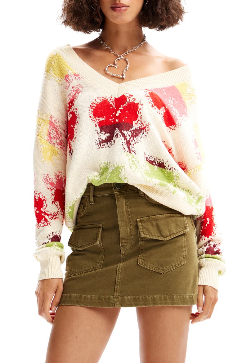 Oversize Floral Pullover, Main, color, IVORY MULTI