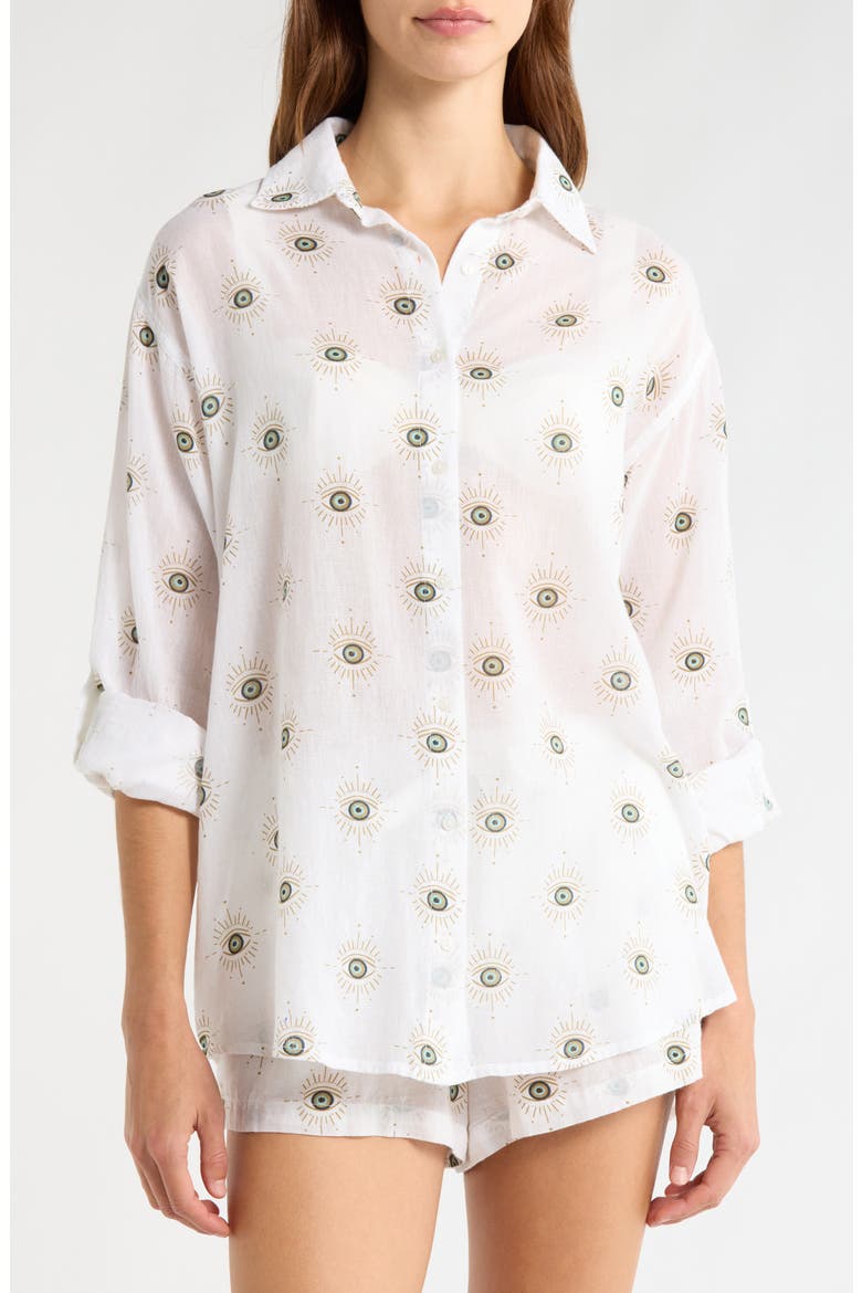 Evil Eye Print Button-Up Cover-Up Shirt, Alternate, color, WHITE EVIL EYE