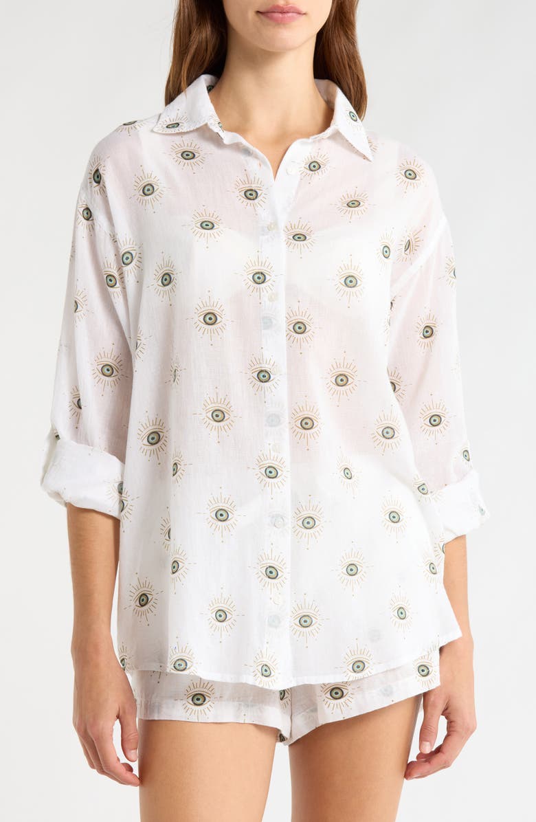 Elan Evil Eye Print Button-Up Cover-Up Shirt, Alternate, color, White Evil Eye