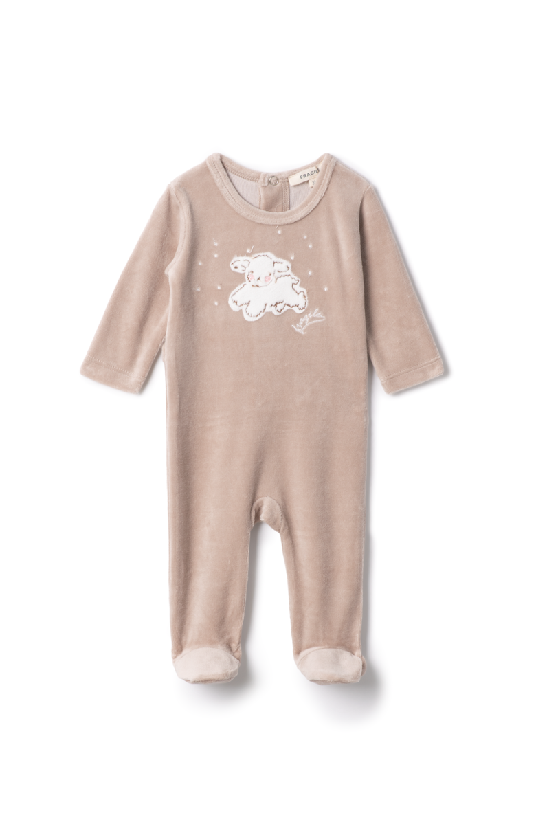 Fragile Boy Sheep Print Velour Romper, Main, color, Beige