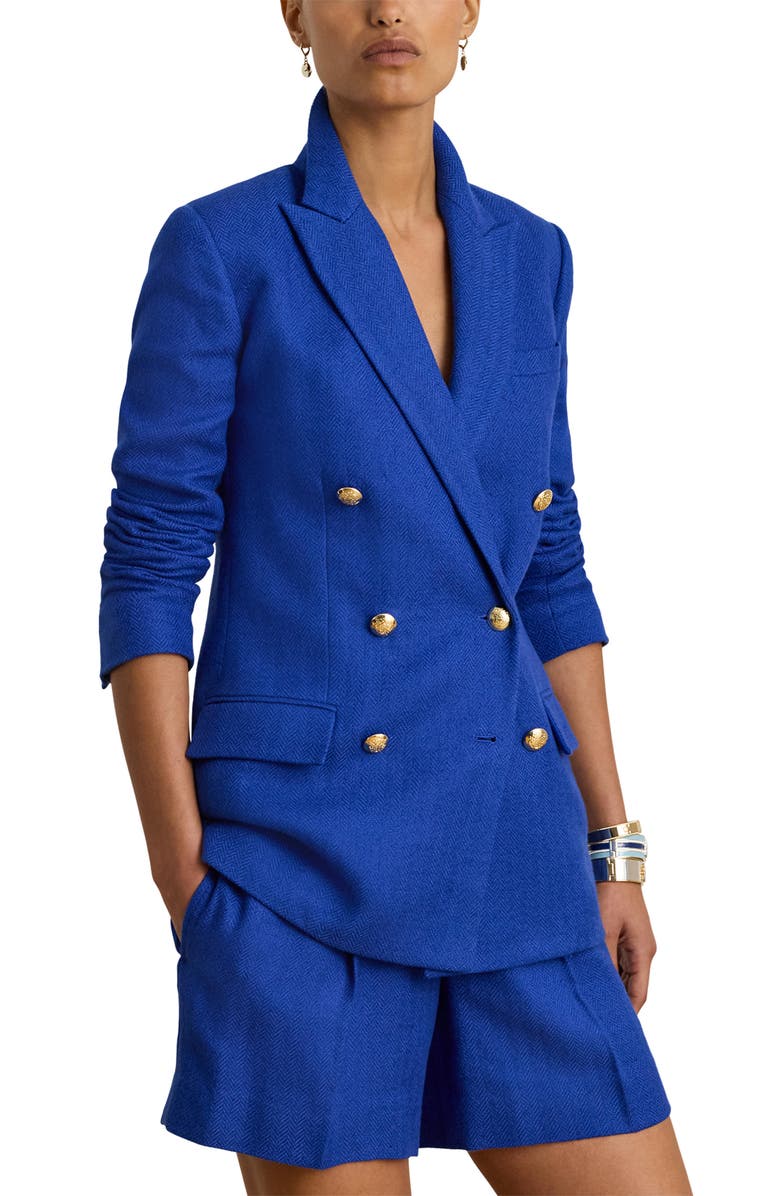 Lauren Ralph Lauren Ryen Houndstooth Cotton & Linen Blazer, Main, color, Cruise Royal Blue