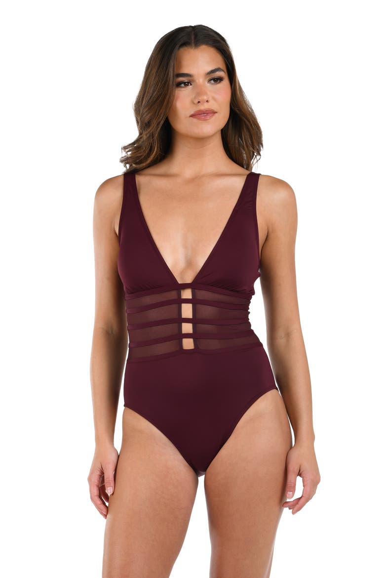 Strappy Mesh Inset One-Piece Swimsuit, Alternate, color, DARK CHERRY