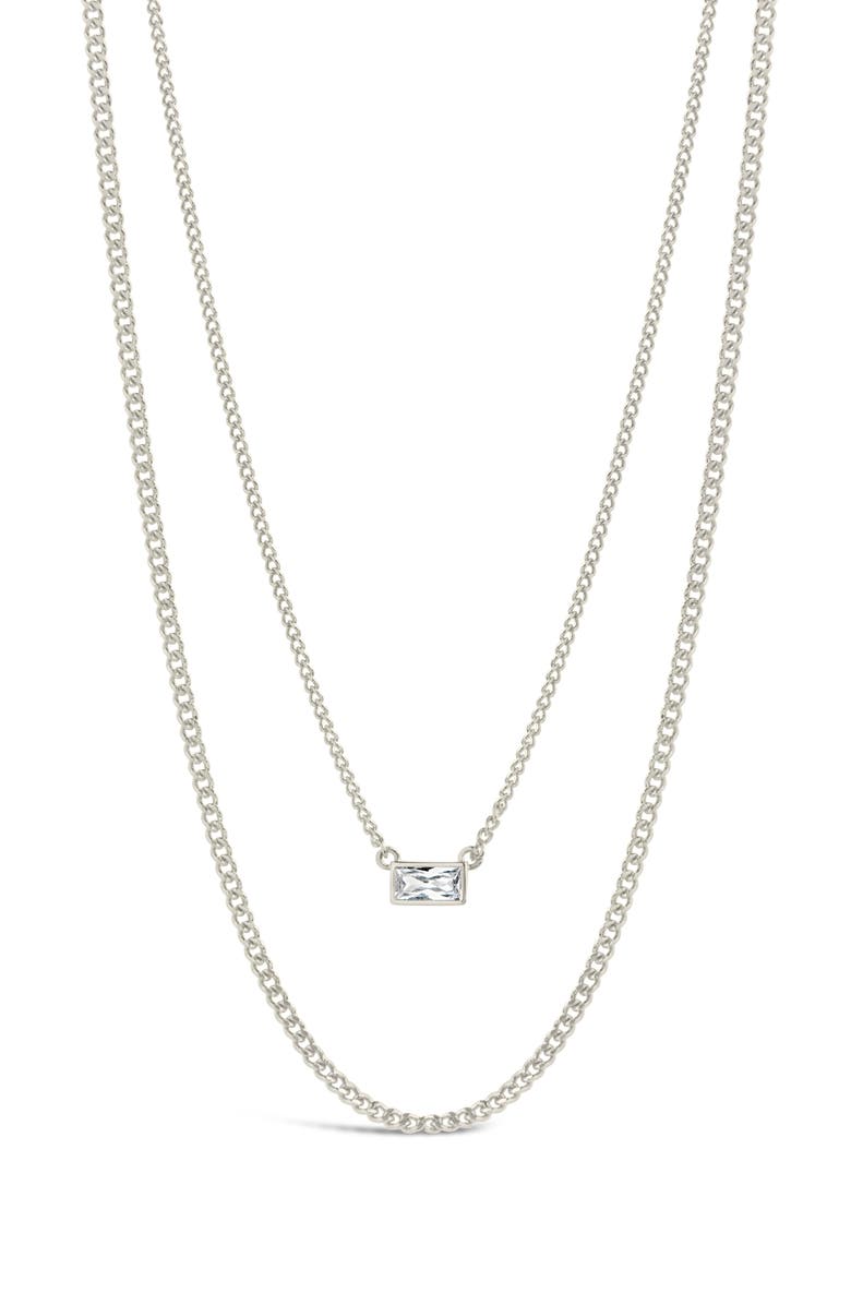 Sterling Forever Baguette CZ Curb Chain Layered Necklace, Alternate, color, Silver