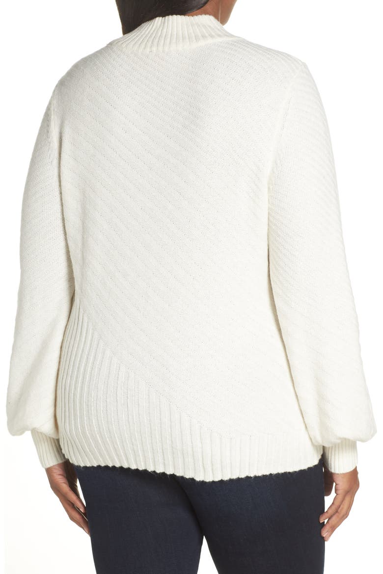 Mix Cable Balloon Sleeve Cotton Blend Sweater, Alternate, color, ANTIQUE WHITE