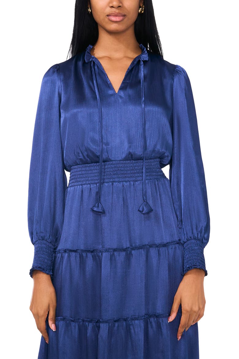 Satin Long Sleeve Tiered Maxi Dress, Alternate, color, MYSTIC NAVY