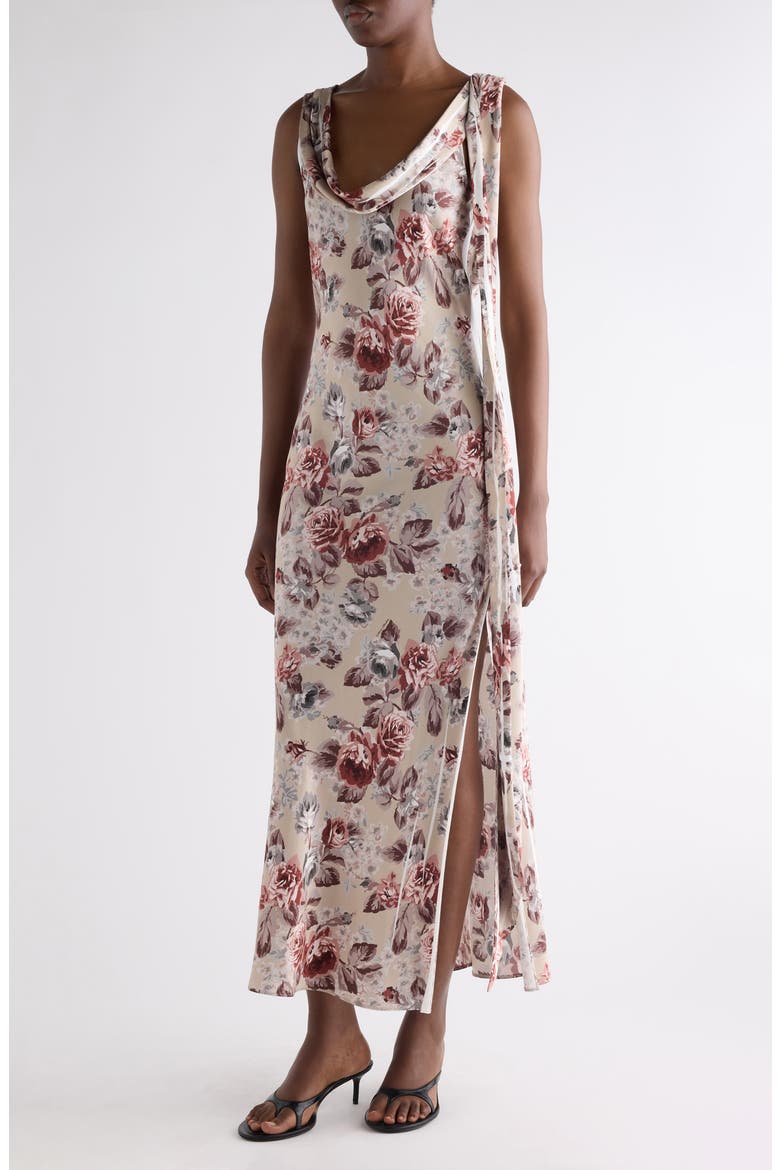 Floral Print Draped Cowl Neck Satin Midi Dress, Alternate, color, MULTI BEIGE