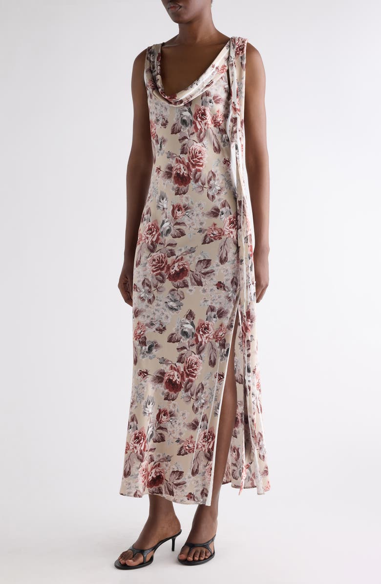 Acne Studios Floral Print Draped Cowl Neck Satin Midi Dress, Alternate, color, Multi Beige