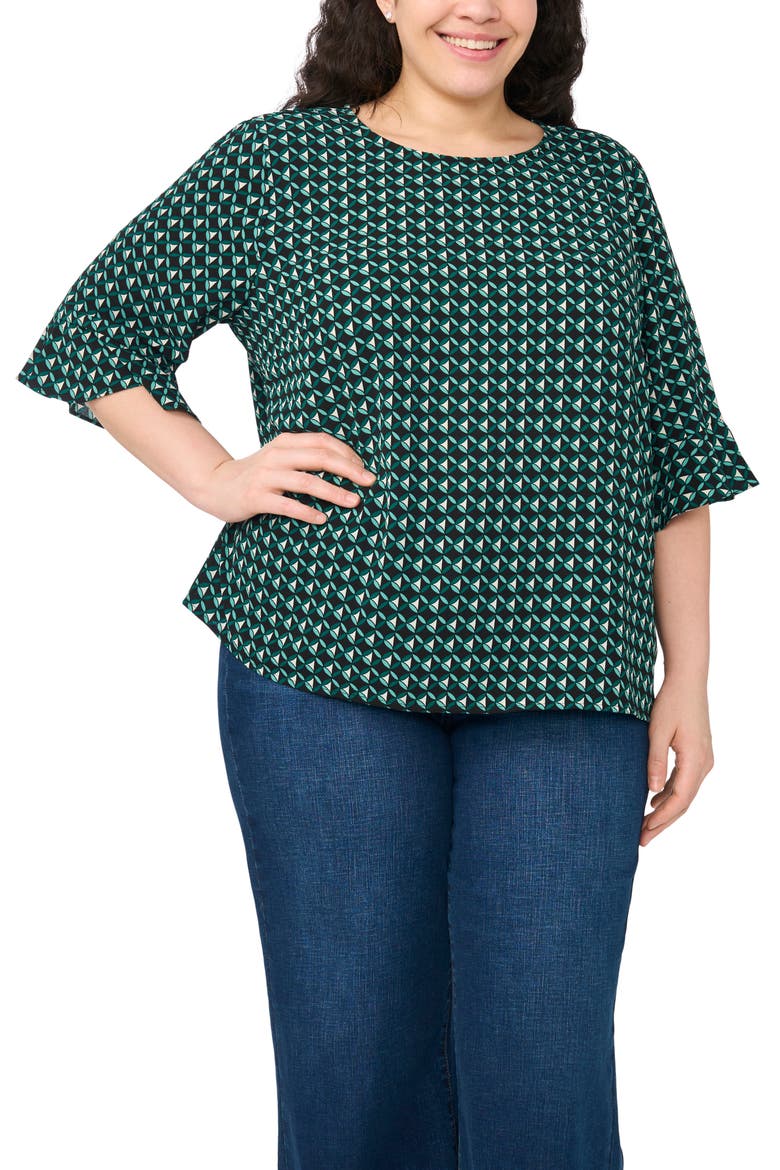 Ruffle Cuff Print Top, Main, color, DEEP SPRUCE