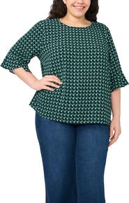 CeCe Ruffle Cuff Print Top
