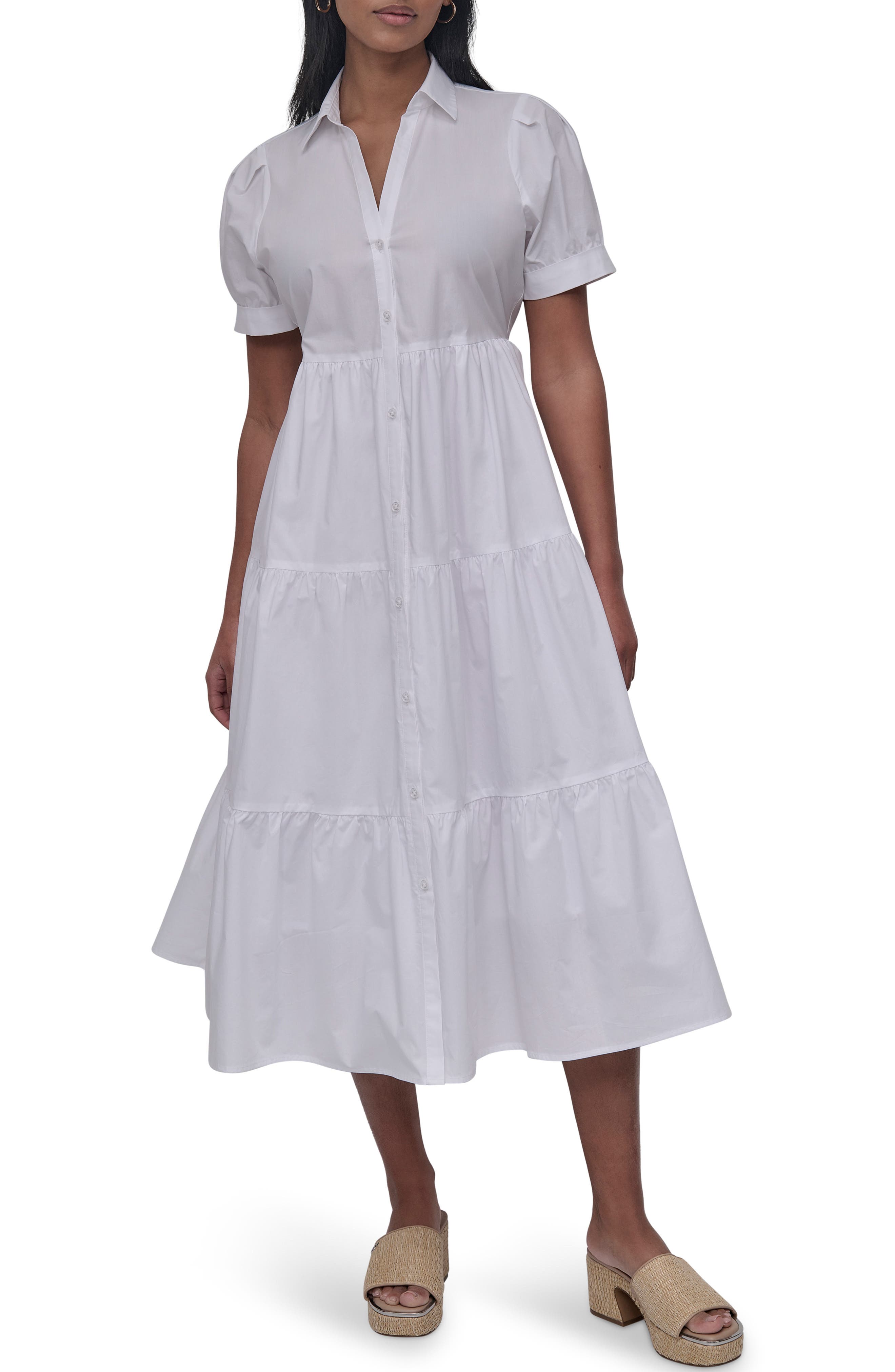 DKNY Jeans Short Sleeve Tiered Cotton Poplin Shirtdress