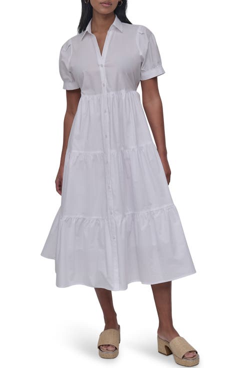 Short Sleeve Tiered Cotton Poplin Shirtdress