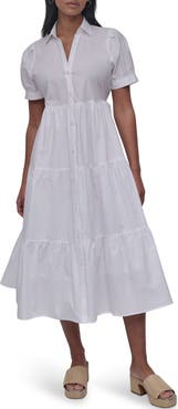 DKNY Jeans Short Sleeve Tiered Cotton Poplin Shirtdress