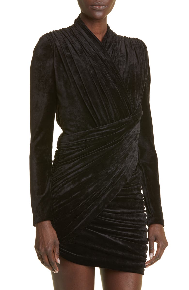 Balenciaga Draped Long Sleeve Velvet Minidress, Alternate, color,