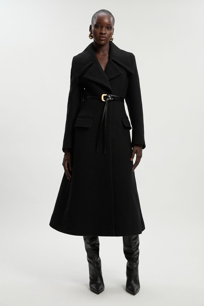 Wool Shawl Collar Belted Midi Coat, Main, color, Black
