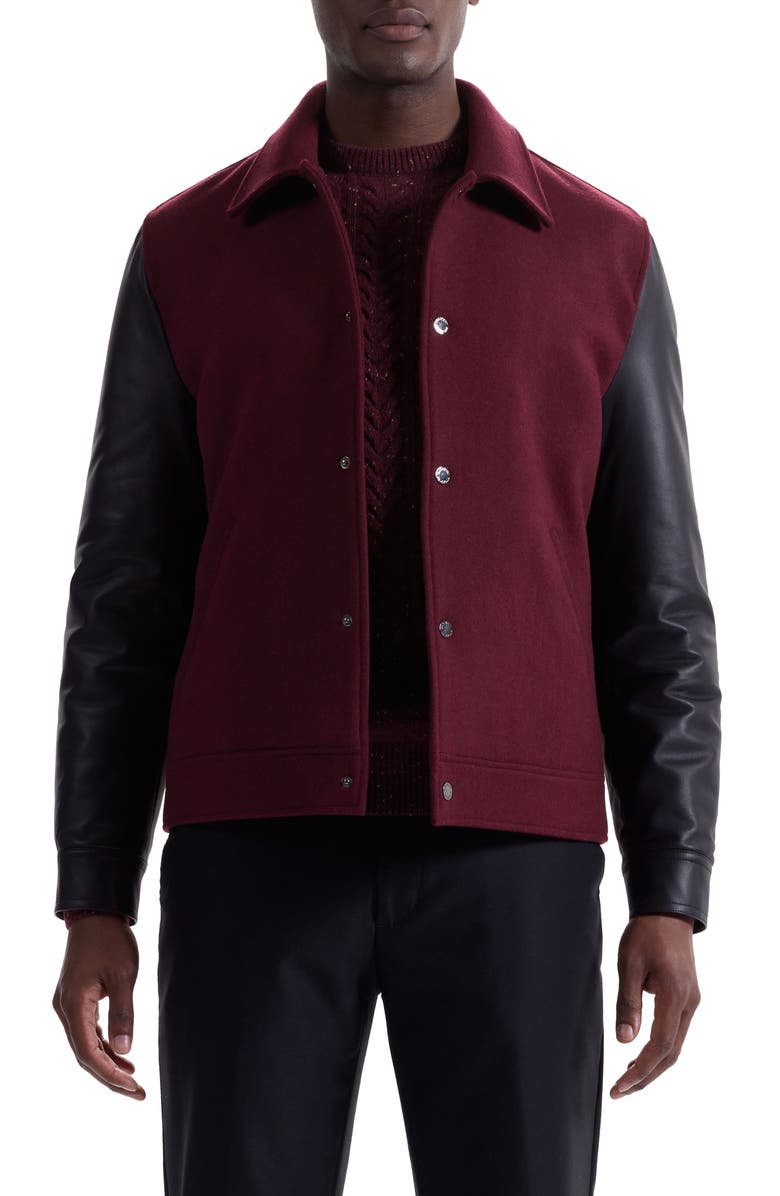 Bugatchi Leather Sleeve Tweed Jacket, Main, color, Burgundy