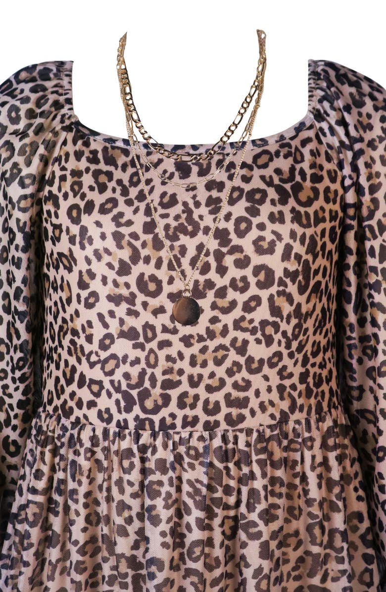 Zunie Kids' Leopard Print Long Sleeve Tiered Dress, Alternate, color, Brown/ Black