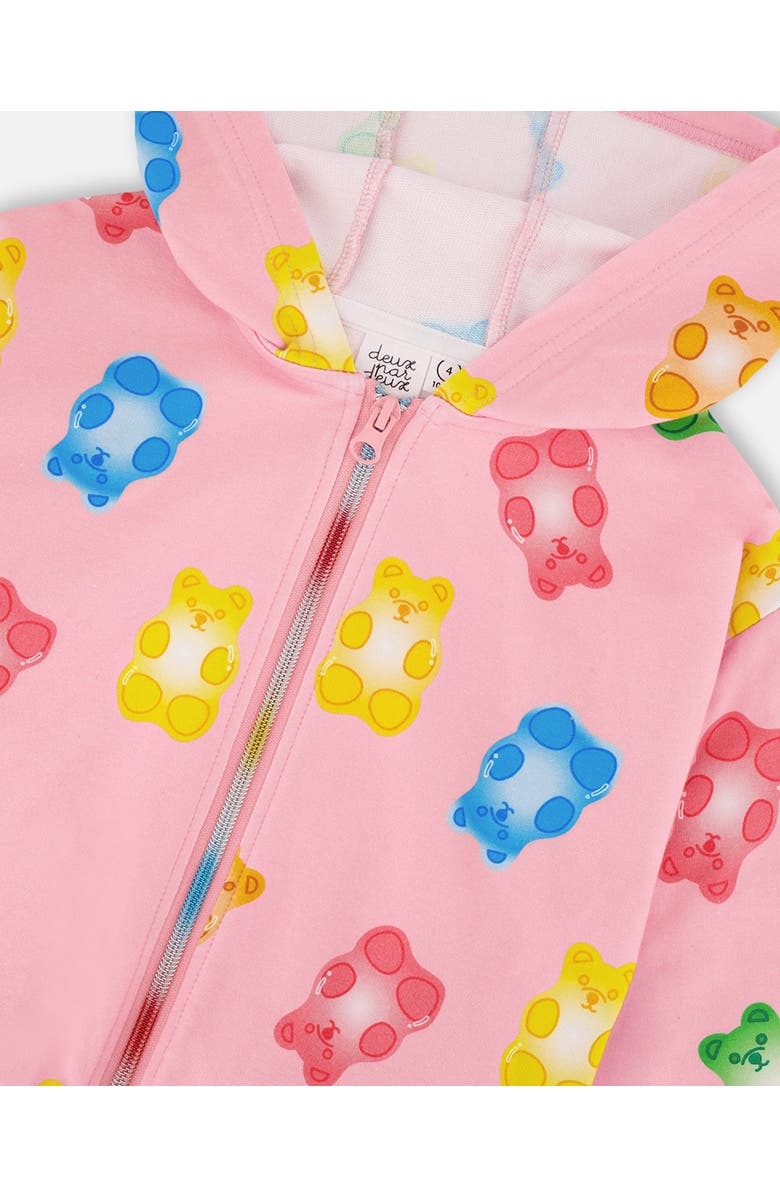 Deux par Deux Little Girl's Printed French Terry Hoodie Cardigan Pink Multicolored Gummies, Alternate, color, 