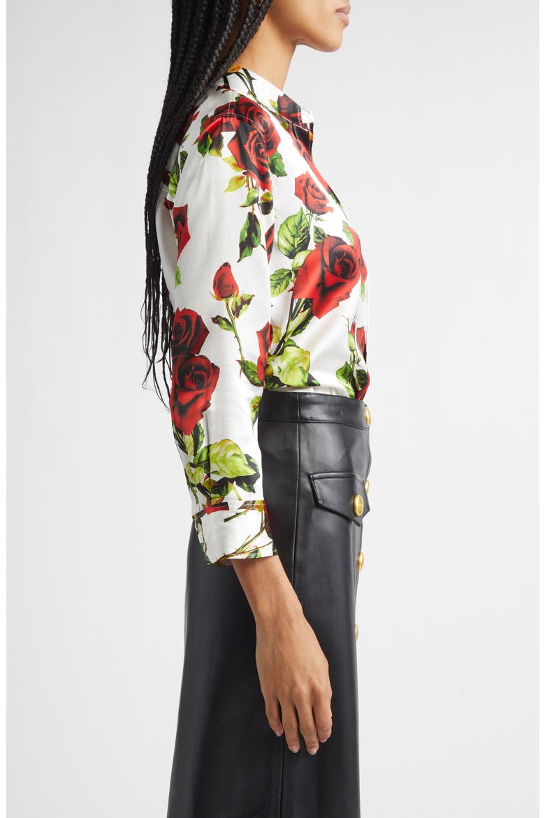 Dani Rose Print Silk Button-Up Shirt, Alternate, color, WHITE/ RED ROMANTIC ROSE