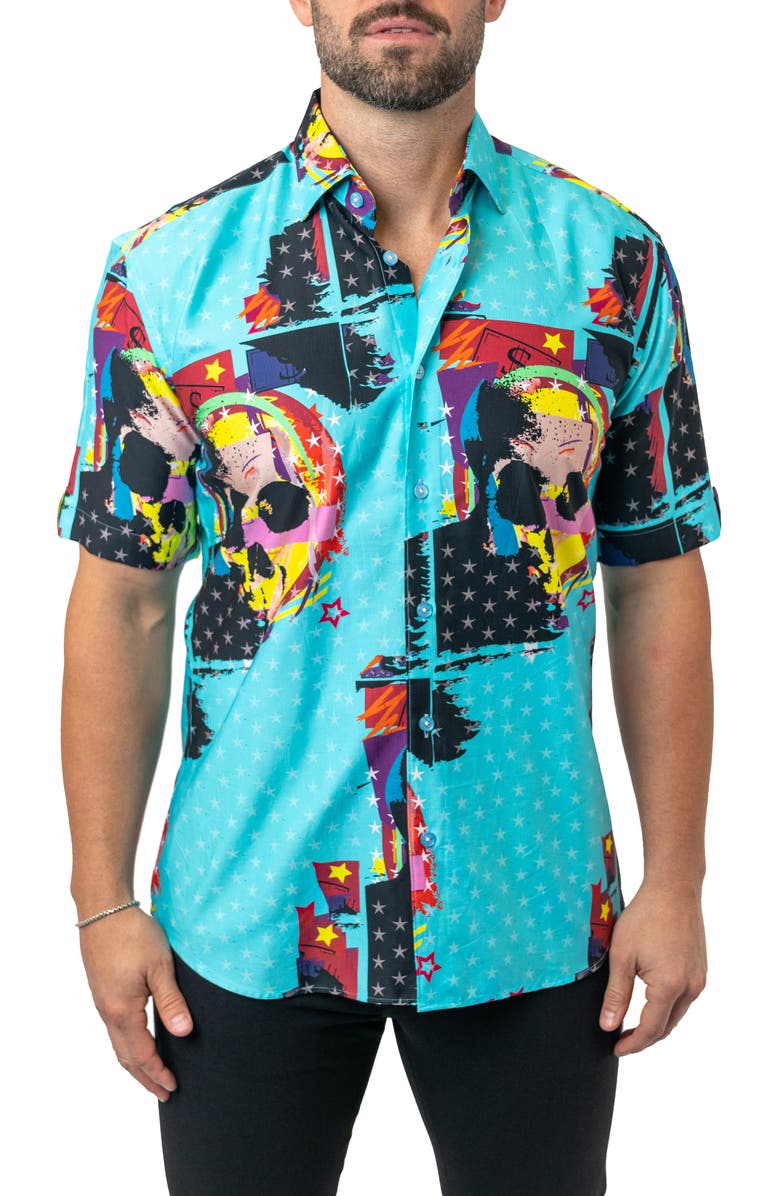 Maceoo Galileo Skullstar Blue Short Sleeve Button-Up Shirt, Main, color, 