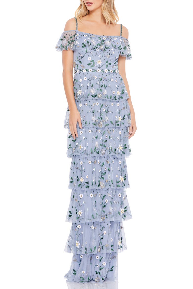 Beaded Floral Tiered Chiffon Column Gown, Main, color, STORMY BLUE