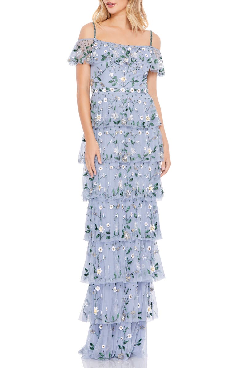 Mac Duggal Beaded Floral Tiered Chiffon Column Gown, Main, color, 