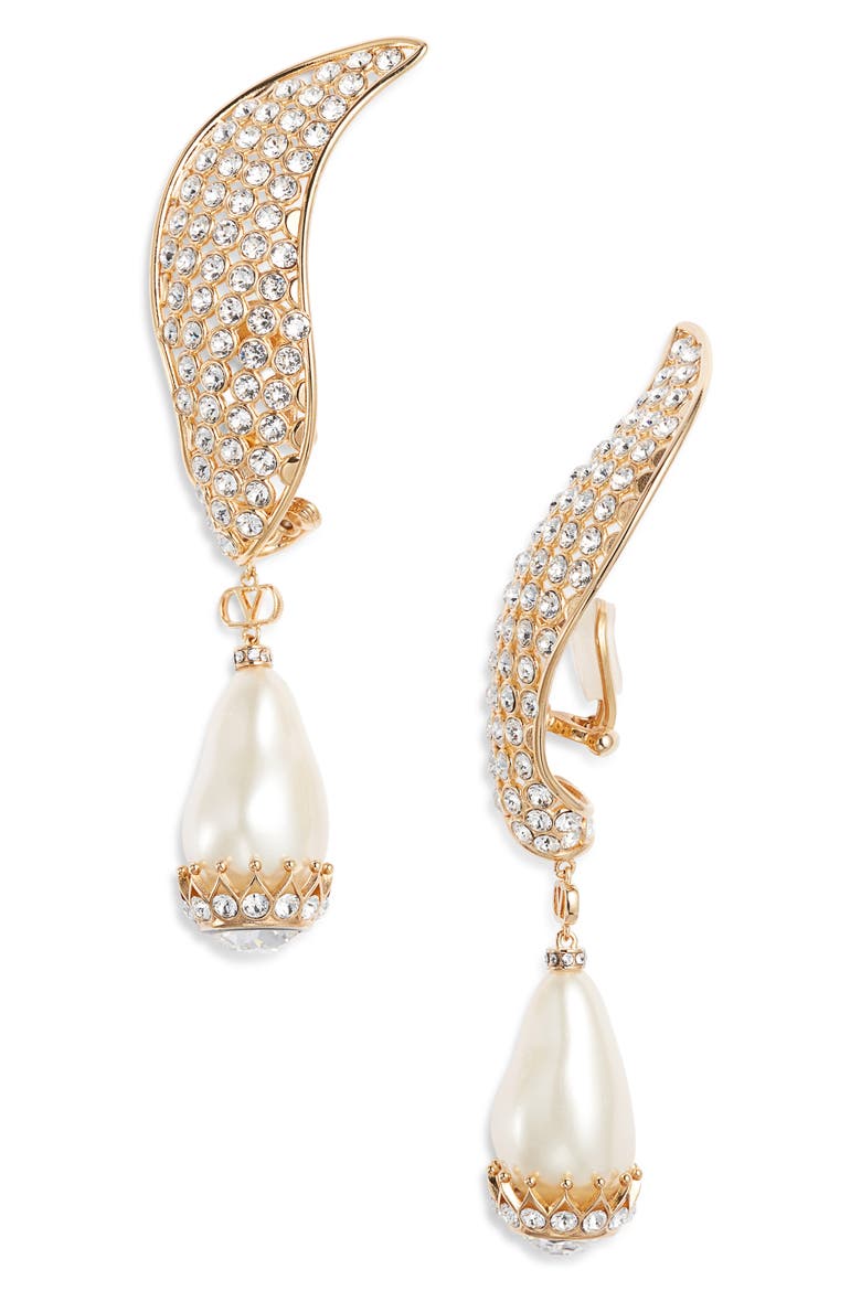 Poetiques des Gouttes Faux Pearl & Swarovski Crystal Drop Clip-On Earrings, Main, color, ORO/NERO/CRYSTAL/CREAM