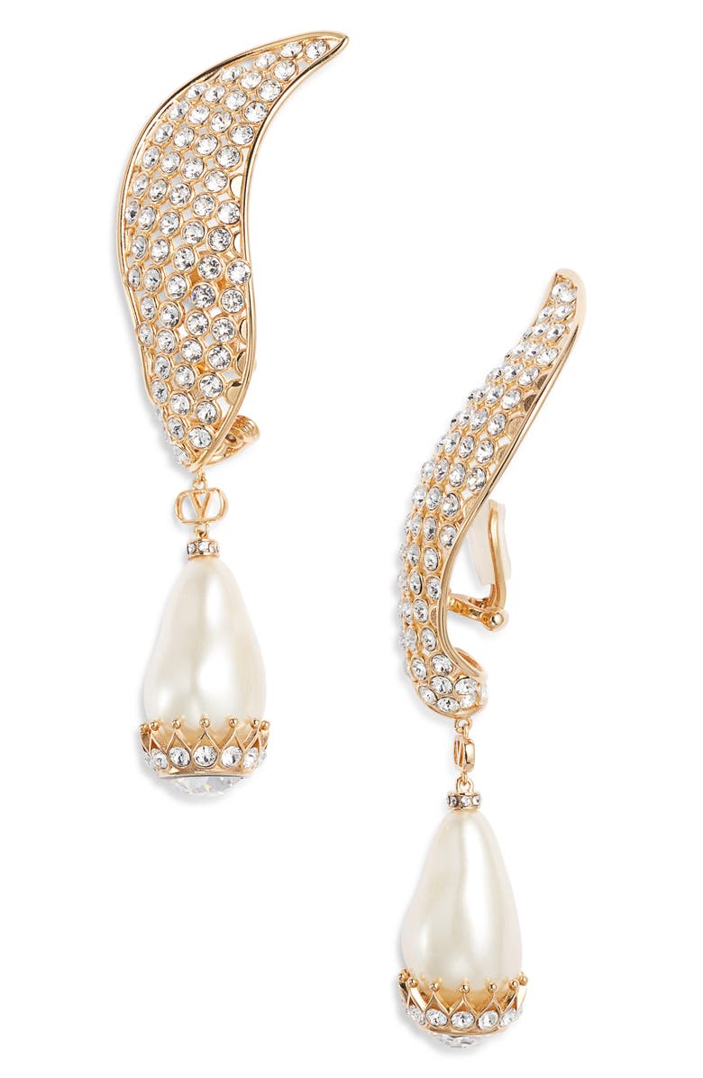 Valentino Garavani Poetiques des Gouttes Faux Pearl & Swarovski Crystal Drop Clip-On Earrings, Main, color, Oro/Nero/Crystal/Cream